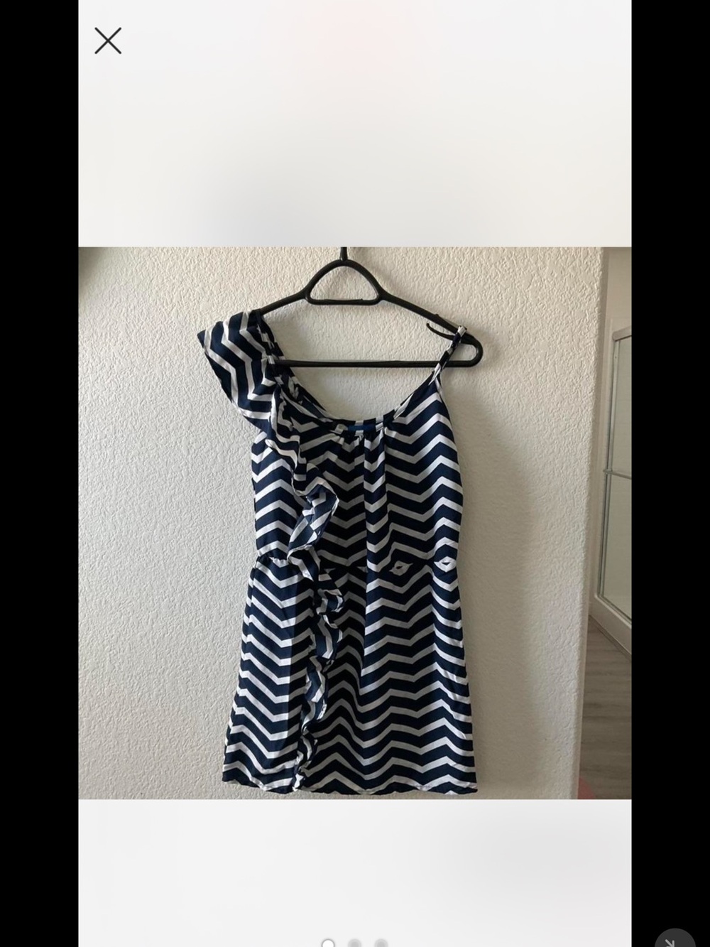 envy Navy and White Chevron One-Shoulder Ruffle Dress